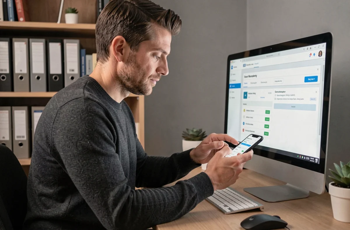 Homme en télétravail sécurisant le partage d'un accès compte en ligne avec authentification sur smartphone depuis un bureau à domicile
