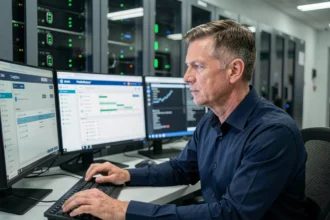 Professionnel de la sécurité informatique analysant des tableaux de bord de conformité réglementaire sur des écrans dans une salle de serveurs moderne