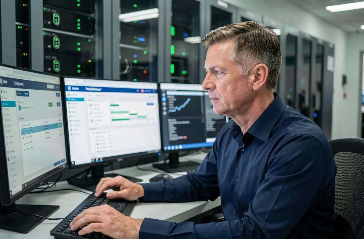 Professionnel de la sécurité informatique analysant des tableaux de bord de conformité réglementaire sur des écrans dans une salle de serveurs moderne