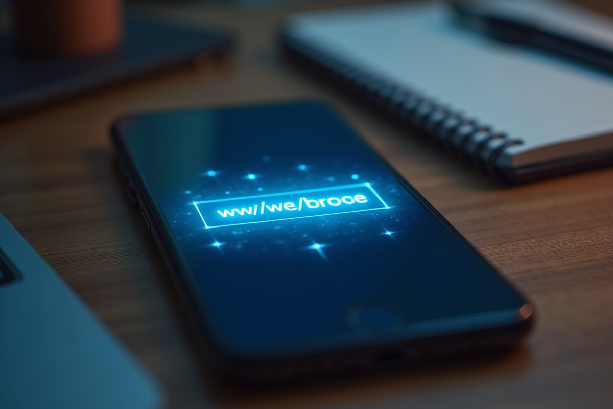 Zoom sur un smartphone avec champ d URL lumineux sur un bureau lumineux
