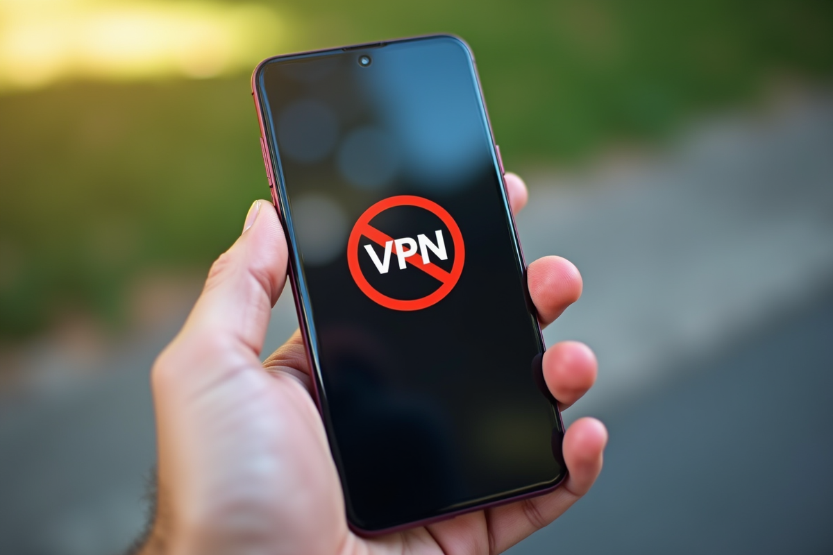 Smartphone avec application VPN désactivée reflet du logo Google en extérieur