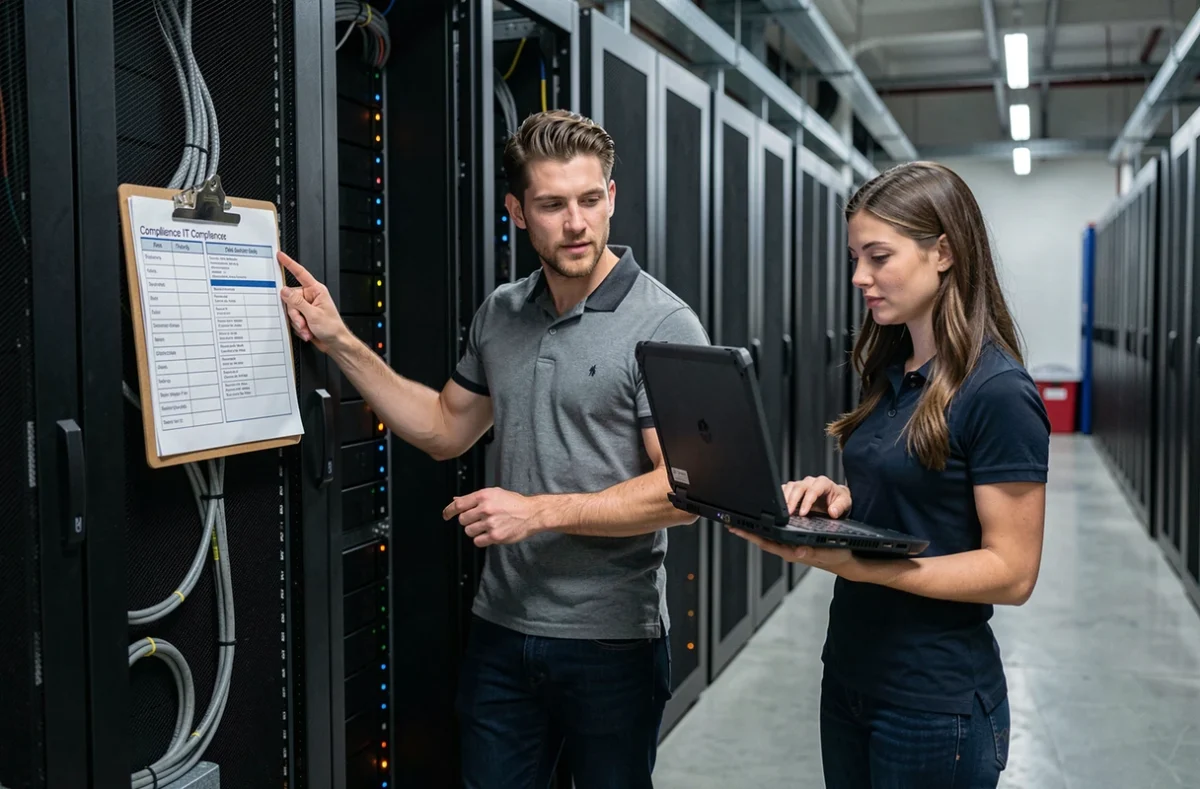 Deux spécialistes en conformité informatique collaborant devant des serveurs dans un centre de données pour vérifier les protocoles de protection des systèmes critiques