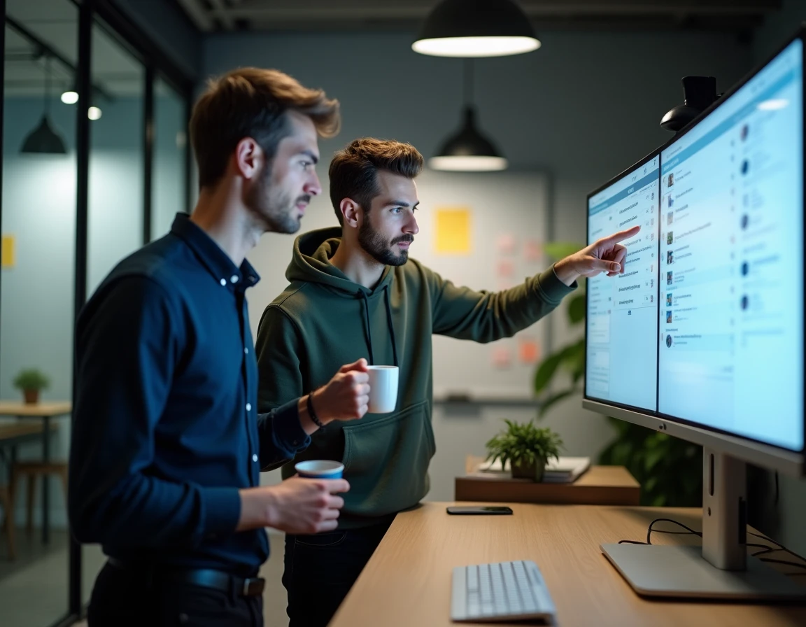 Deux collègues analysant l'interface de SwissTransfer pour le transfert de fichiers en équipe