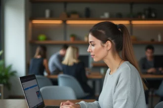 Femme utilisant SwissTransfer sur un ordinateur portable dans un espace de coworking moderne