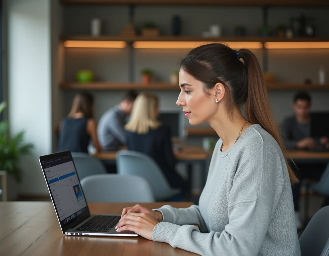 Femme utilisant SwissTransfer sur un ordinateur portable dans un espace de coworking moderne