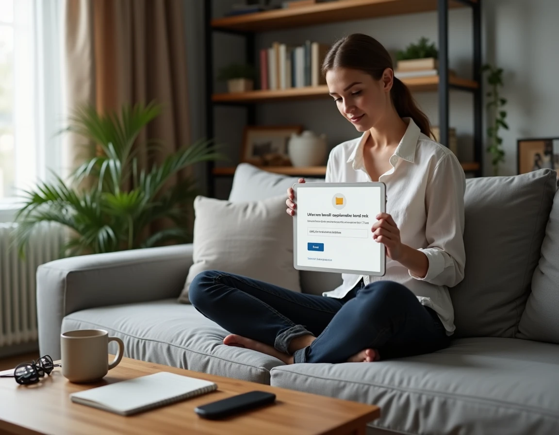 Jeune femme en télétravail utilisant SwissTransfer sur tablette depuis son bureau à domicile