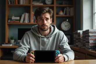 Homme tenant une Nintendo Switch à écran noir en tentant de diagnostiquer une panne