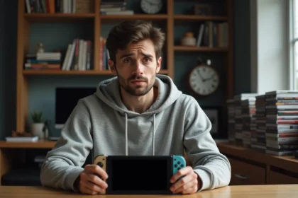 Homme tenant une Nintendo Switch à écran noir en tentant de diagnostiquer une panne