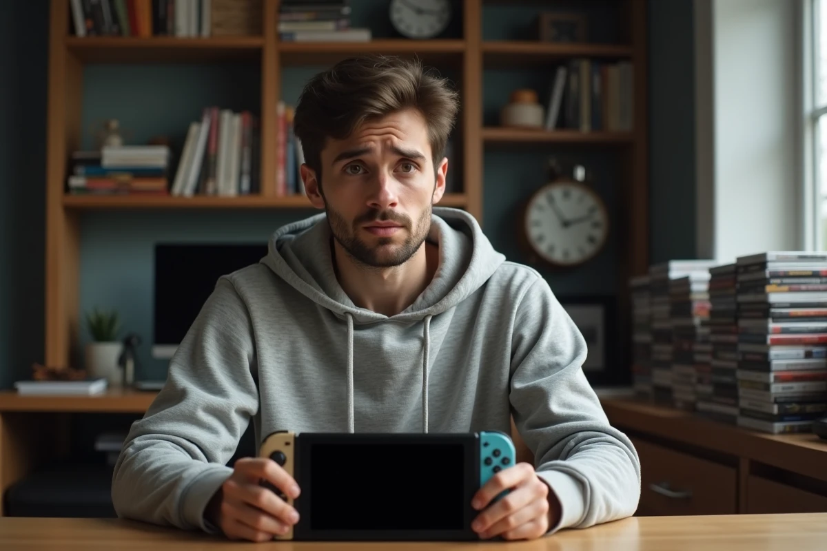 Homme tenant une Nintendo Switch à écran noir en tentant de diagnostiquer une panne