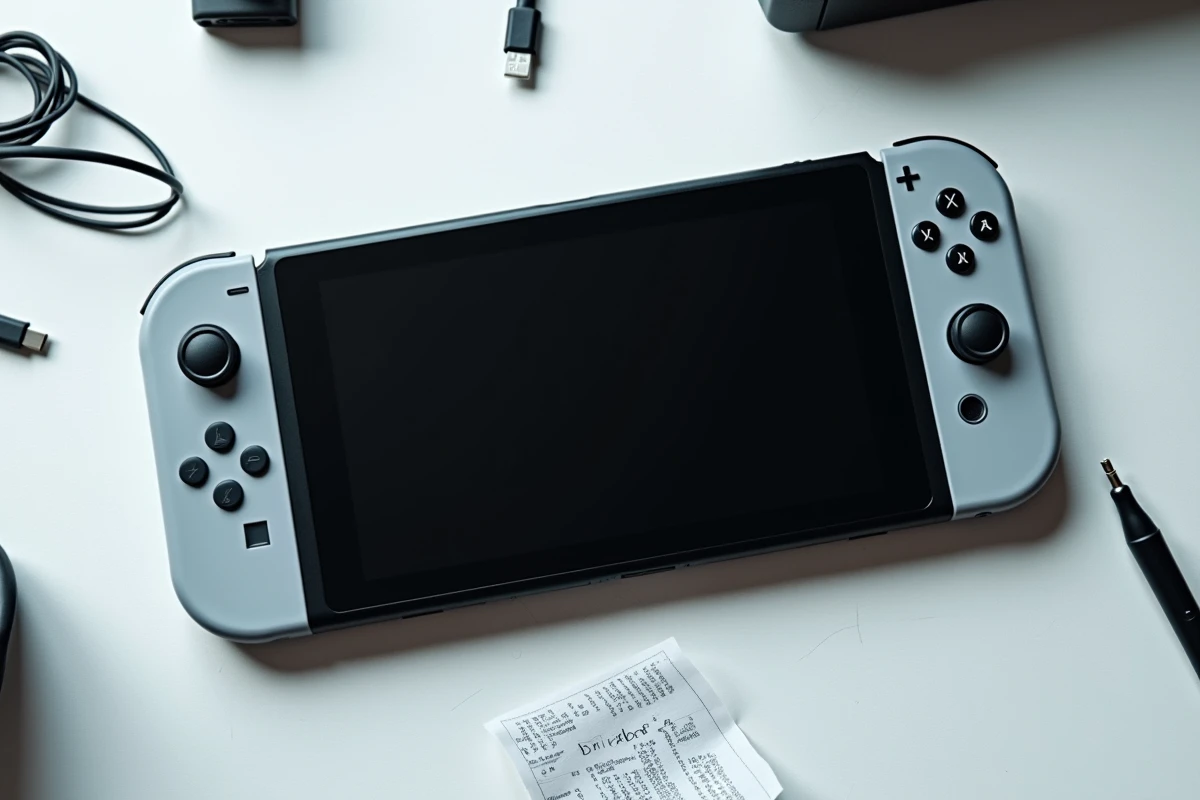 Vue aérienne d'une Nintendo Switch écran noir posée avec ses accessoires pour diagnostic de panne