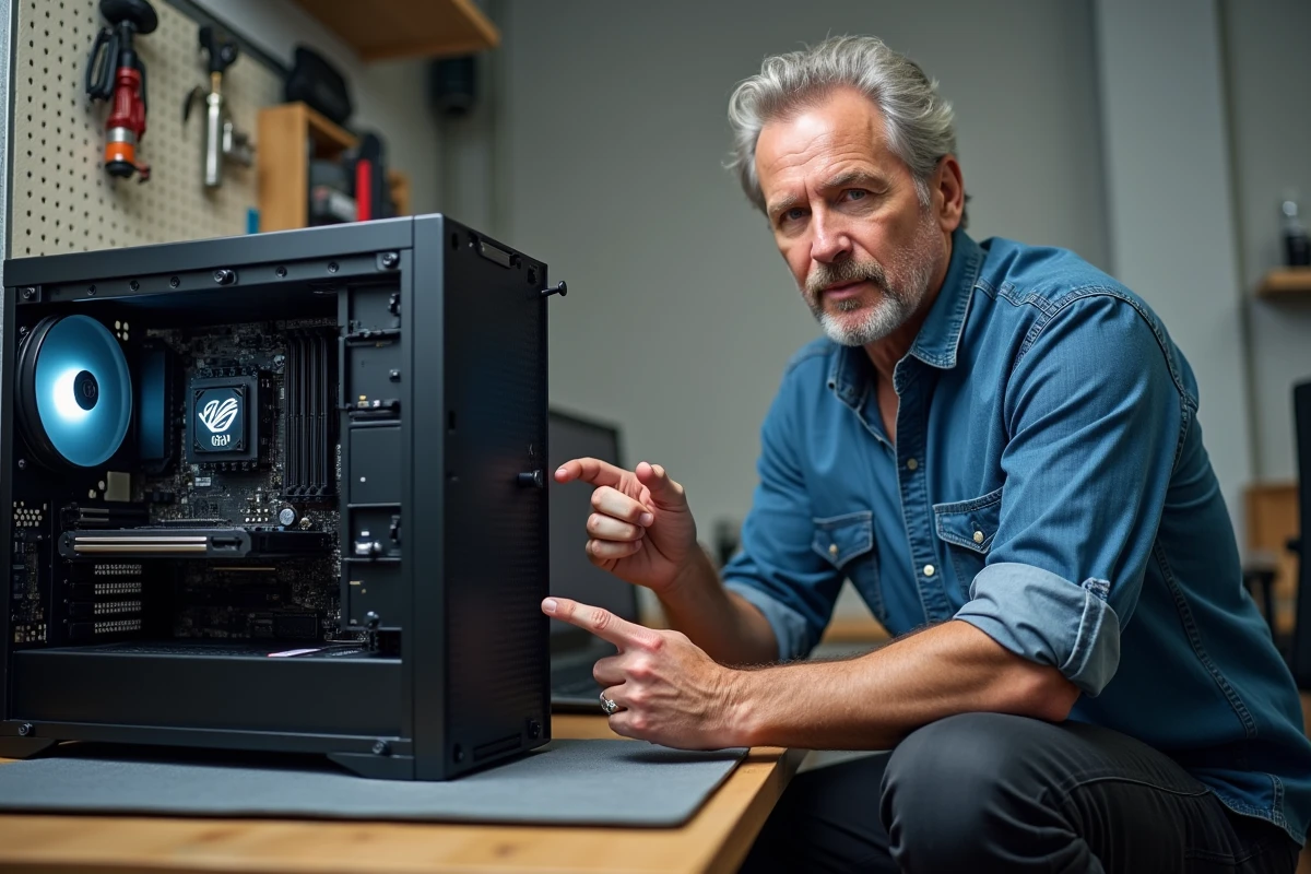 Technicien montrant la carte mère AORUS dans un PC ouvert pour expliquer l'accès au BIOS au démarrage