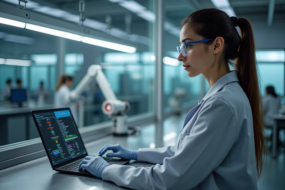 Technicienne programmant un bras robotique dans un laboratoire hightech