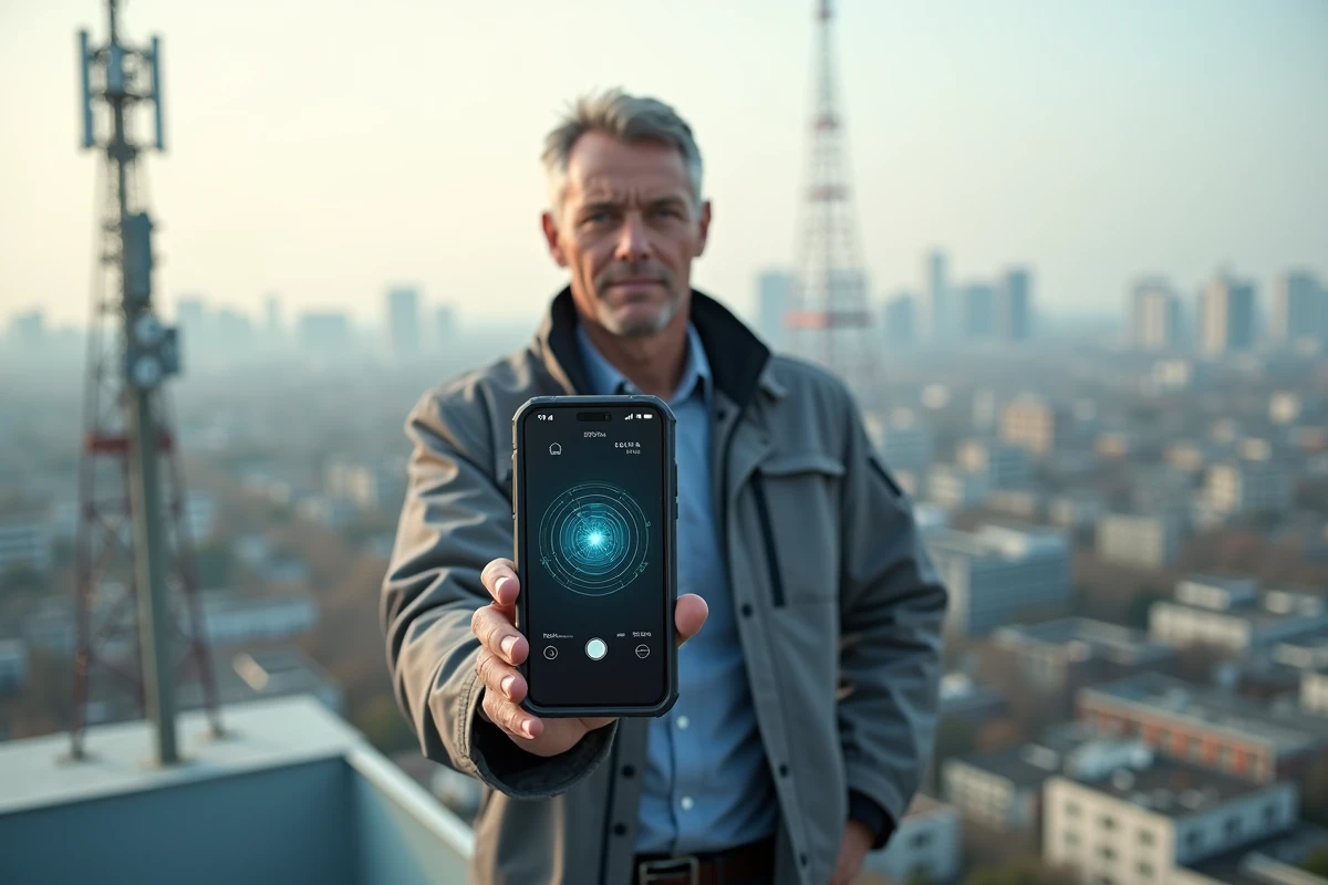 Technicien en extérieur vérifiant la compatibilité des bandes réseau sur un smartphone avec vue sur des antennes urbaines