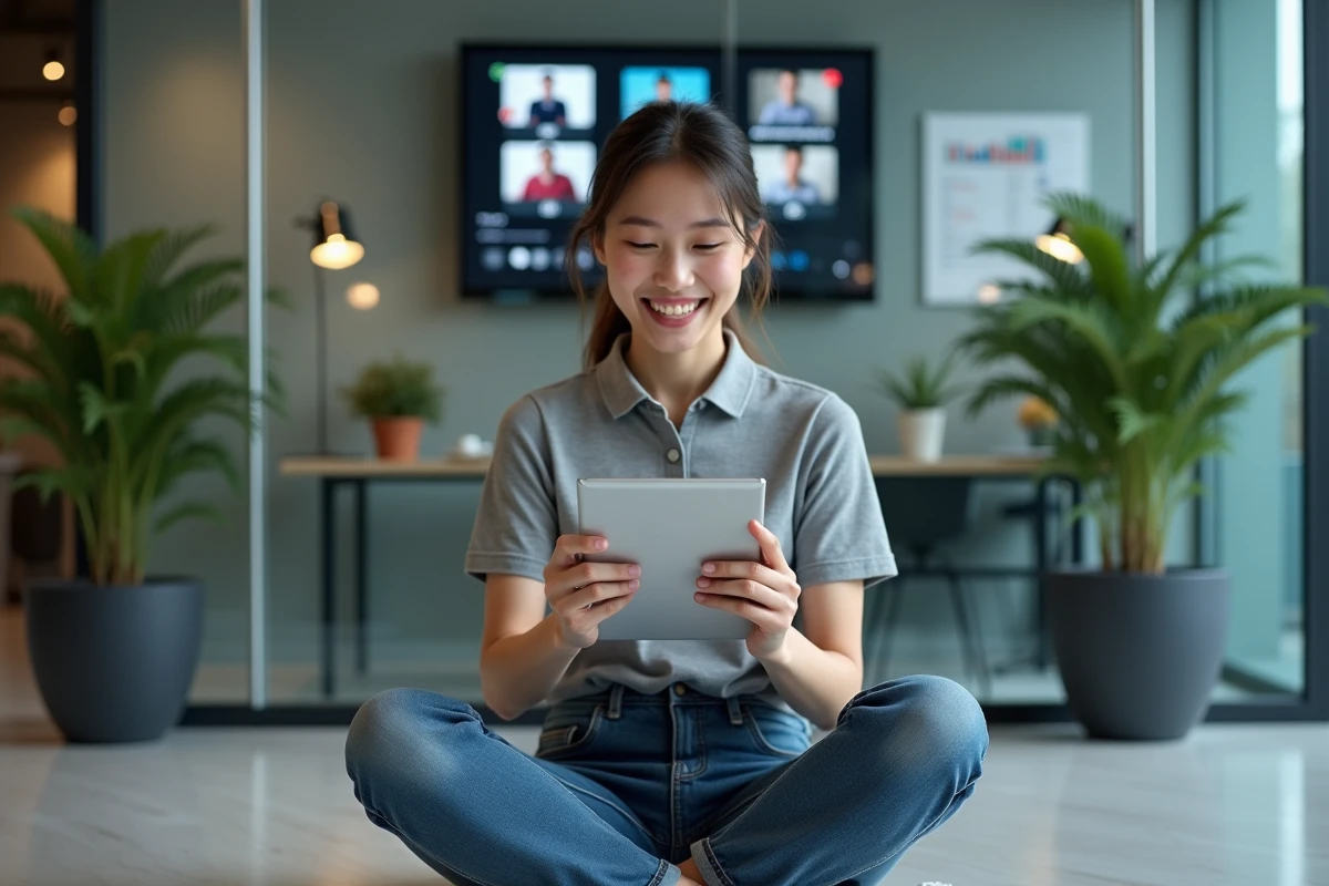 Jeune femme en support à distance avec tablette dans un espace de travail