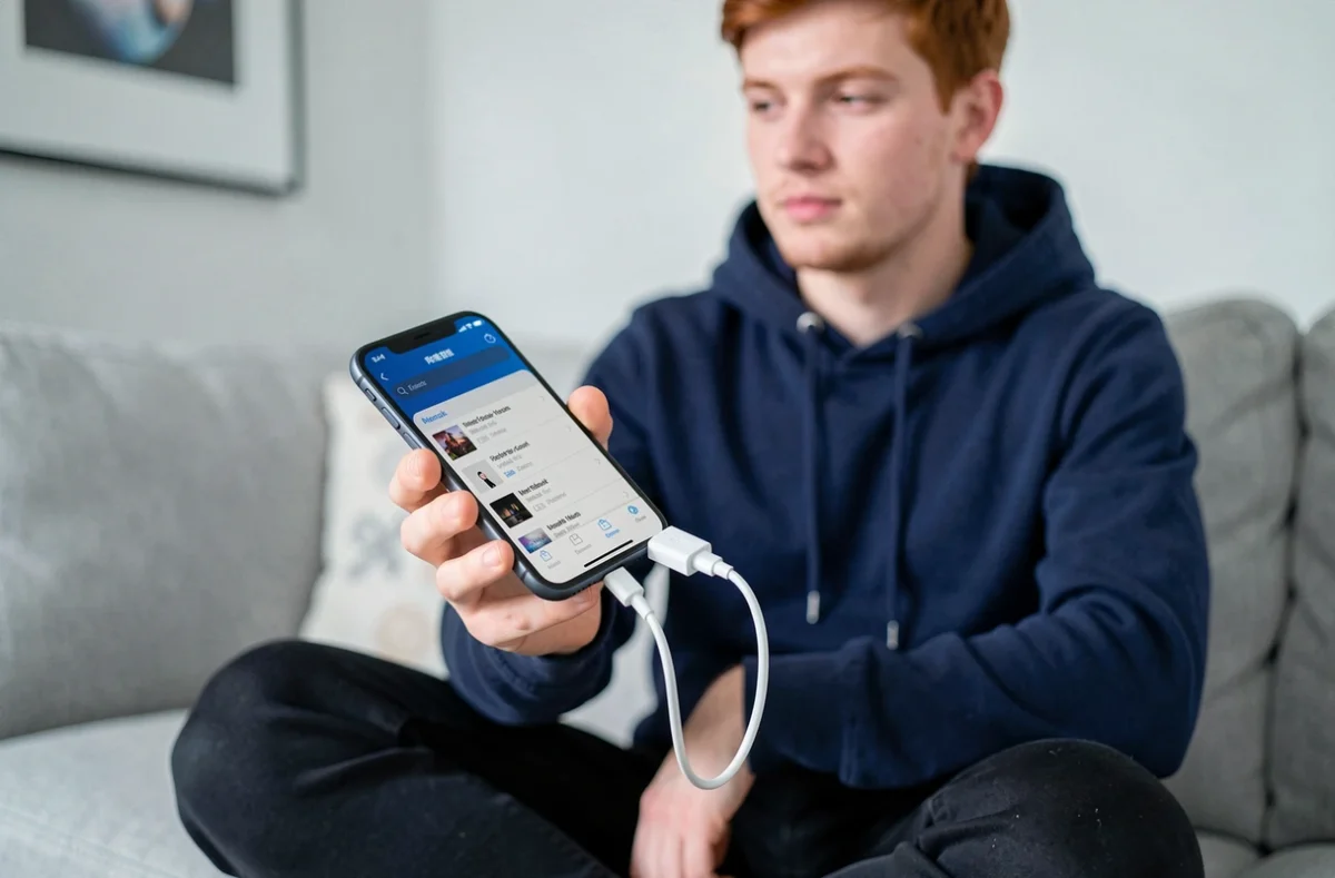 Jeune homme connectant une clé USB à un iPhone via un adaptateur Lightning pour transférer de la musique