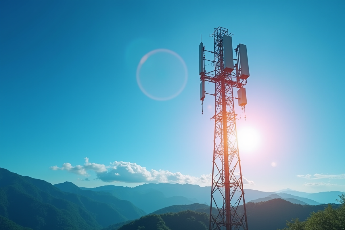 Tour 5G moderne avec rayons lumineux et paysage vert en arrière-plan