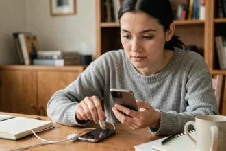 Femme utilisant un adaptateur OTG pour connecter une clé USB à un smartphone Android afin de télécharger de la musique