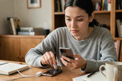 Femme utilisant un adaptateur OTG pour connecter une clé USB à un smartphone Android afin de télécharger de la musique