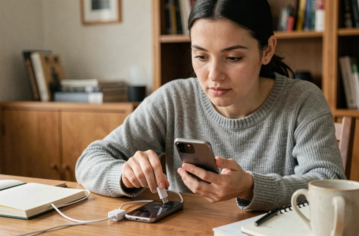 Femme utilisant un adaptateur OTG pour connecter une clé USB à un smartphone Android afin de télécharger de la musique