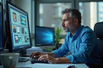 Employe inquiet devant un ordinateur avec machines virtuelles