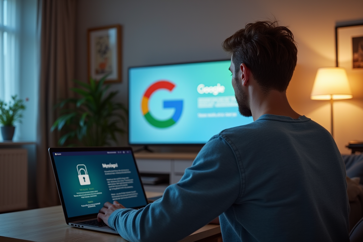 Personne utilisant un laptop dans un salon moderne avec icône Google en arrière-plan