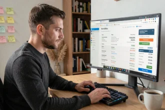 Homme consultant un site d'actualités hardware sur un écran ultrawide dans un bureau à domicile organisé pour comparer les prix de composants PC