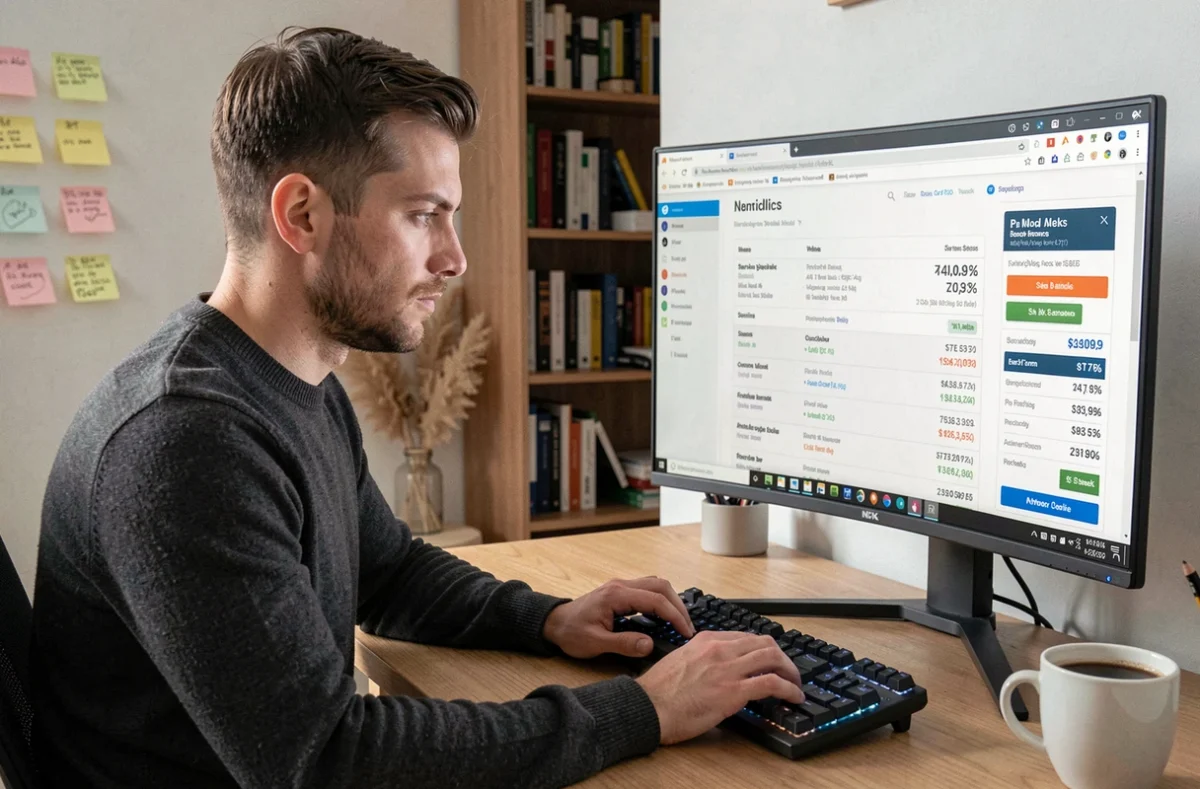 Homme consultant un site d'actualités hardware sur un écran ultrawide dans un bureau à domicile organisé pour comparer les prix de composants PC