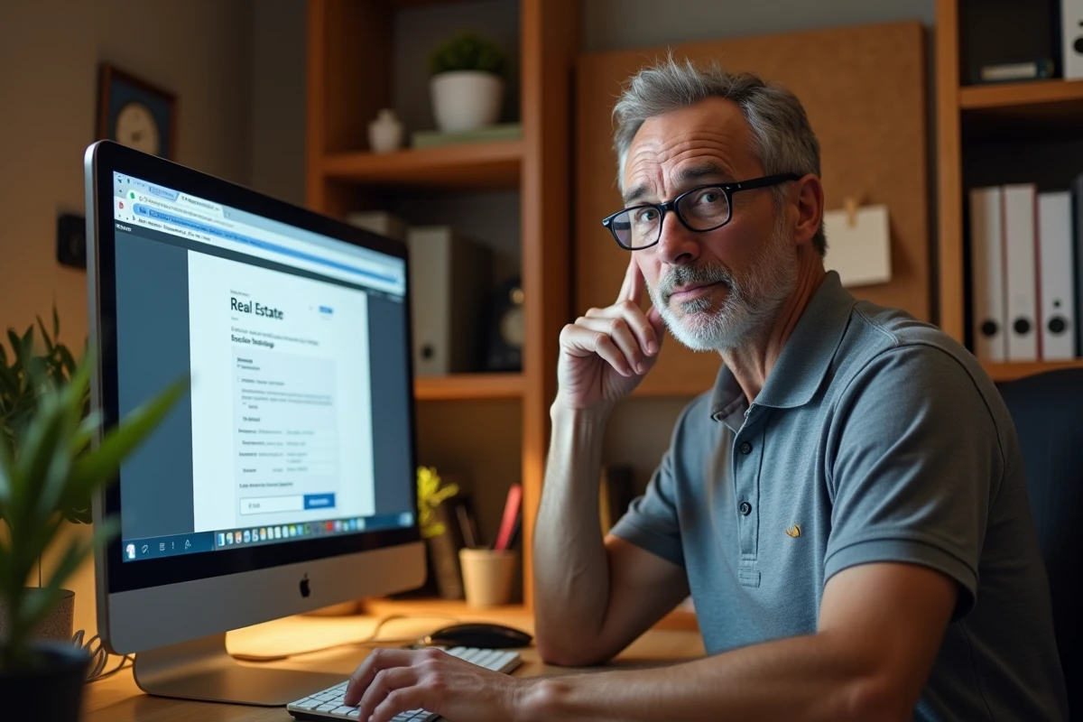Vendeur particulier vérifiant une transaction immobilière en ligne avec URL sécurisée sur son ordinateur de bureau