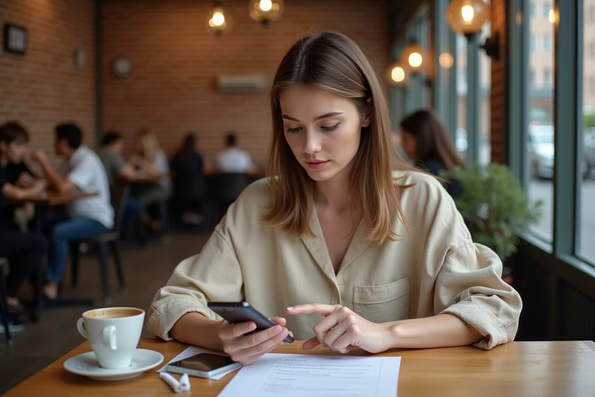 Femme vérifiant une liste de contrôle avant d'acheter un Huawei P10 Lite d'occasion dans un café