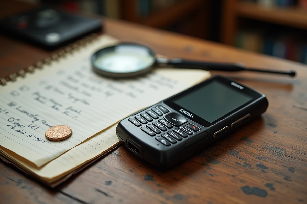 Sony Ericsson Walkman d'occasion posé sur un bureau avec une liste de vérification pour l'achat