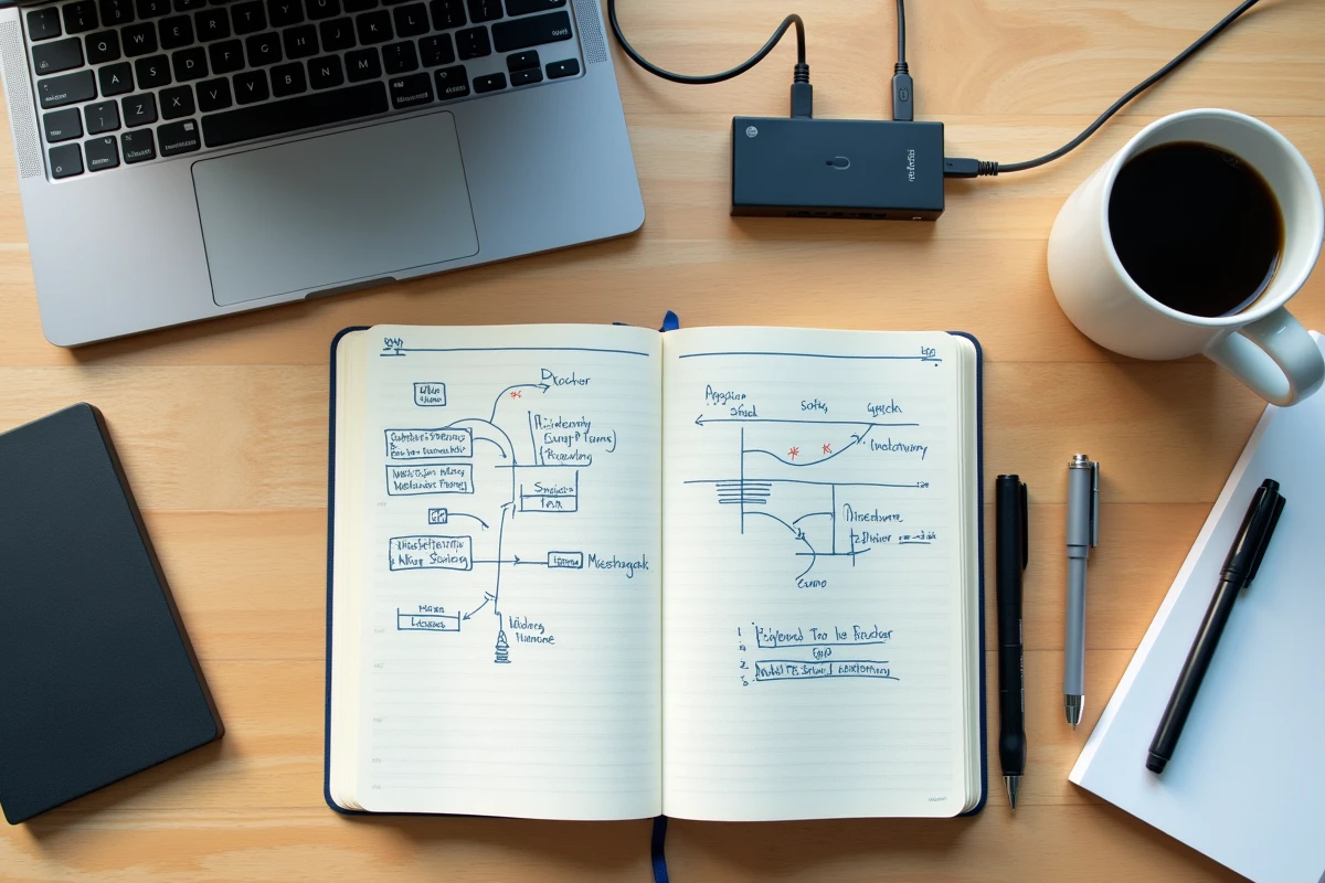 Vue aérienne d'un bureau avec carnet de notes manuscrit illustrant des piles de répertoires et terminal Linux ouvert sur ordinateur portable
