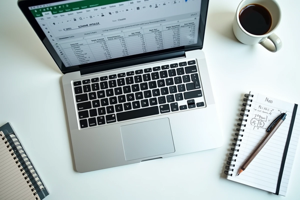 Vue aérienne d'un écran Excel avec une formule de moyenne pondérée SOMMEPROD et un cahier de calculs