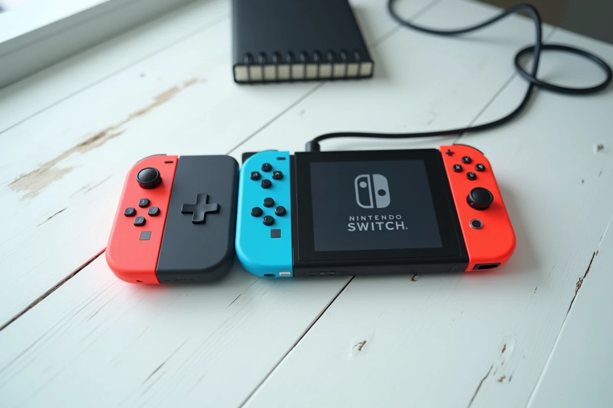 Vue de dessus des manettes Joy-Con Nintendo Switch posées sur un bureau blanc avec la console en mode portable
