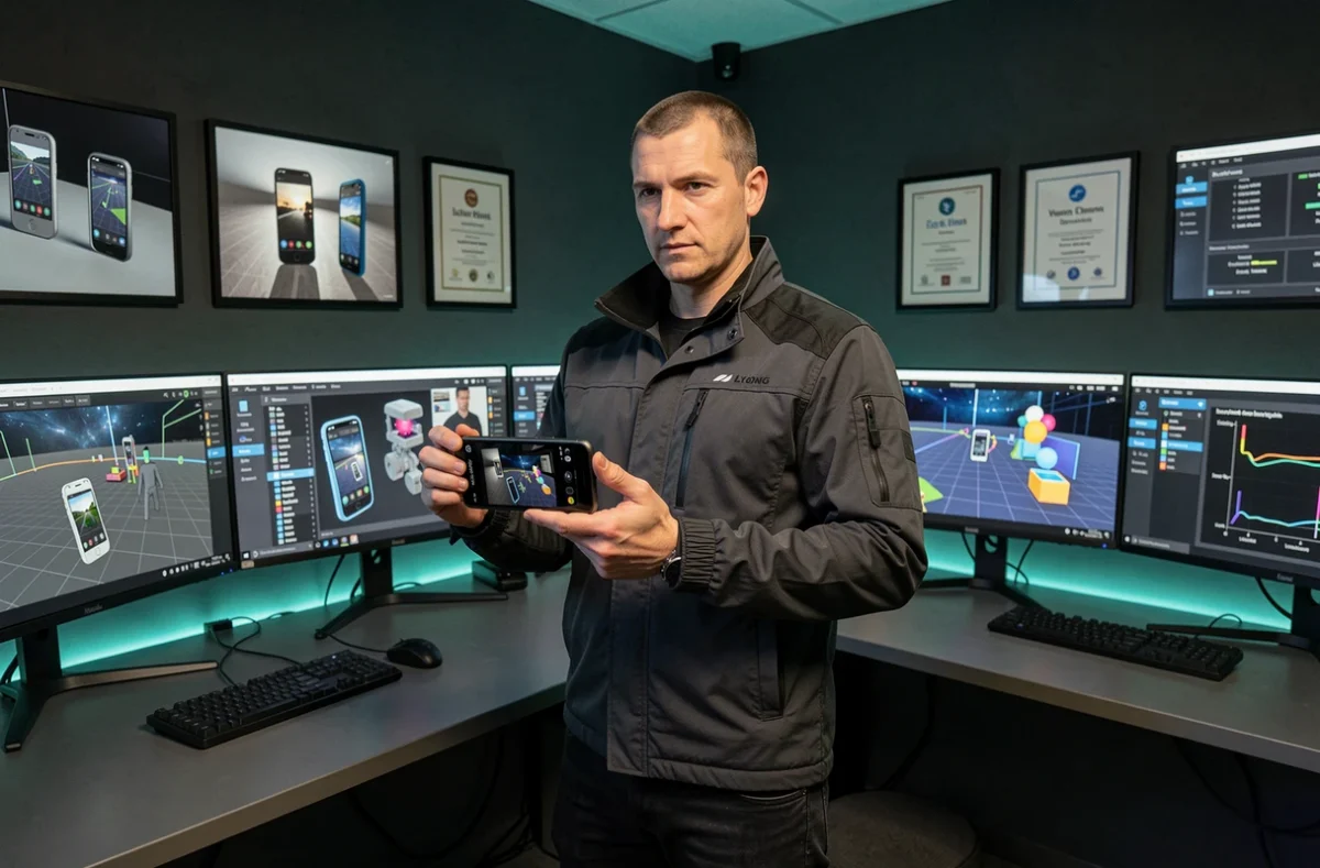 Développeur tenant un smartphone avec une application AR avancée dans un laboratoire tech lyonnais, représentant l'agence Wanadev spécialisée en solutions techniques mobiles avancées