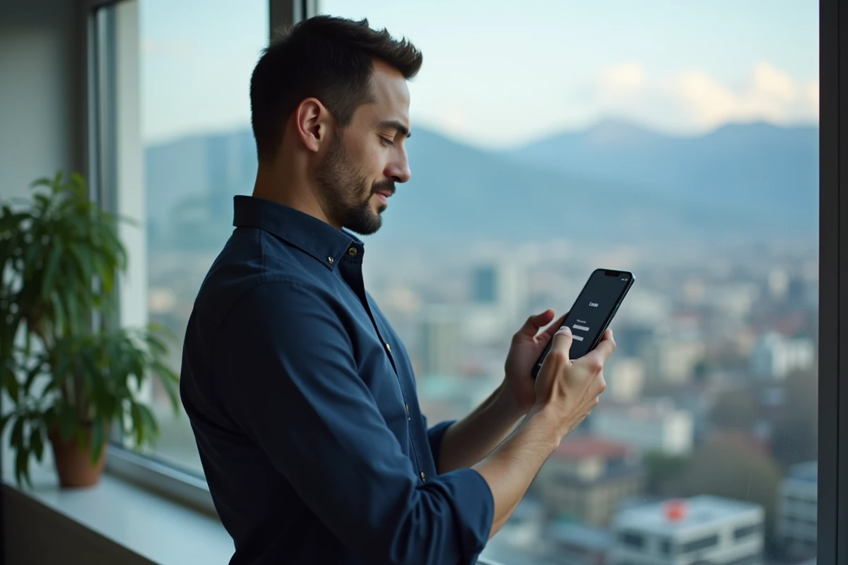 Homme consultant sa messagerie académique Grenoble sur smartphone depuis un bureau moderne