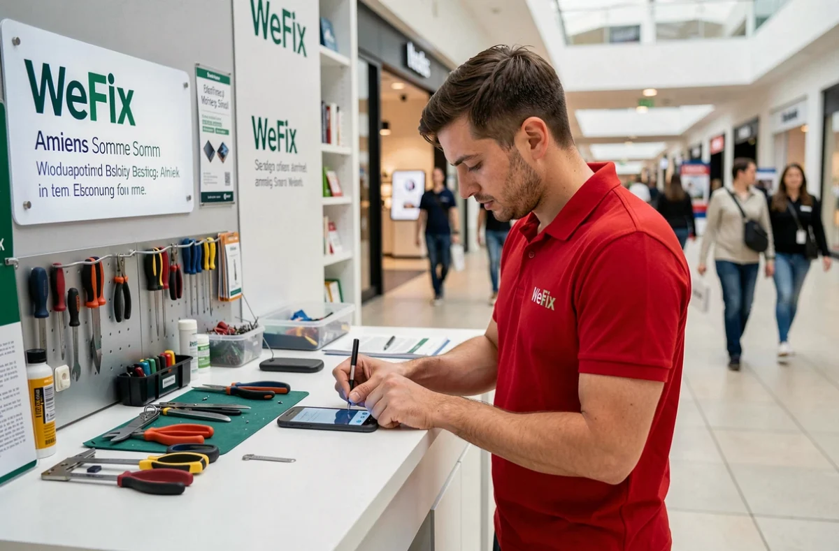 Technicien WeFix Amiens réparant un smartphone à son kiosque dans un centre commercial de la Somme