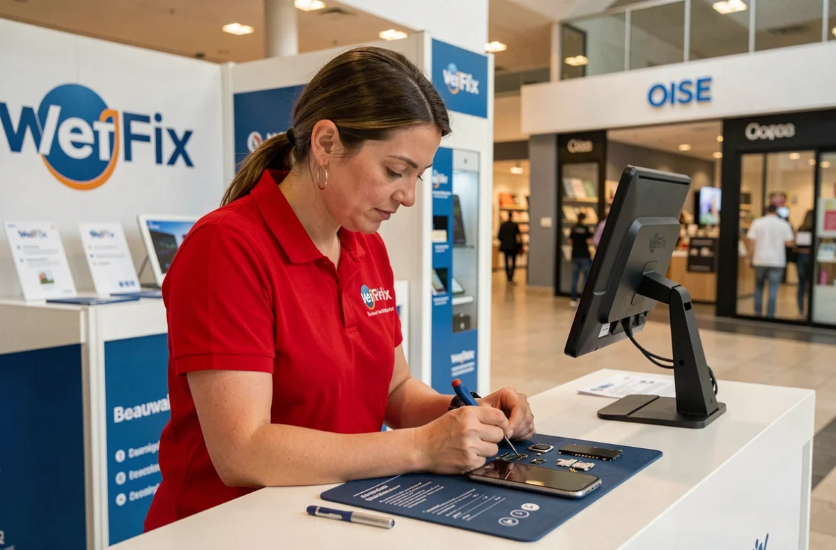 Technicienne WeFix Beauvais réparant un smartphone dans son kiosque d'un centre commercial de l'Oise