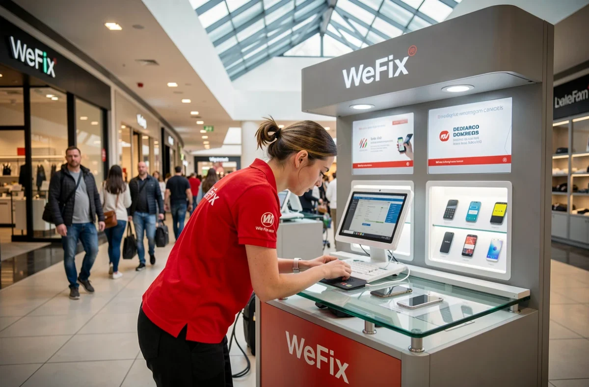Kiosque WeFix dans un centre commercial de Lille avec une technicienne réparant un smartphone devant des clients
