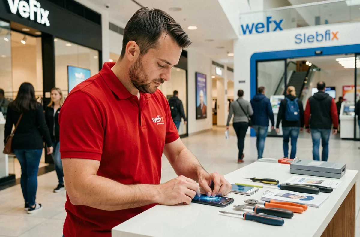 Technicien WeFix Noyelles-Godault posant un nouvel écran sur un smartphone à son kiosque près de Lens