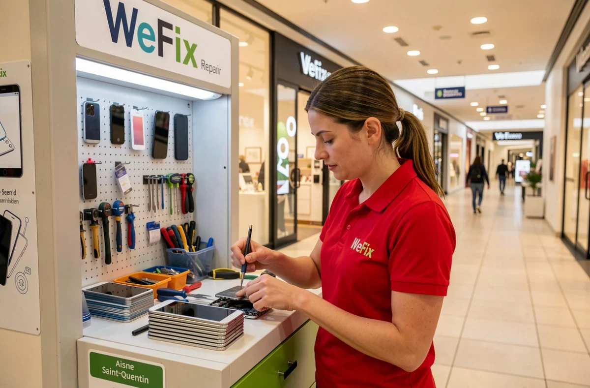 Technicienne WeFix Saint-Quentin réparant un téléphone à son kiosque dans un centre commercial de l'Aisne
