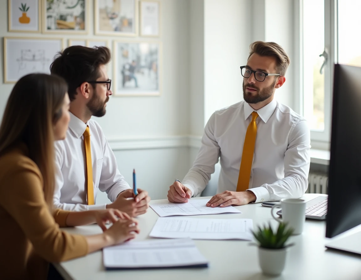 Designer de l'agence YellowTie à Lyon présentant un site internet sur mesure à un client dans un studio moderne