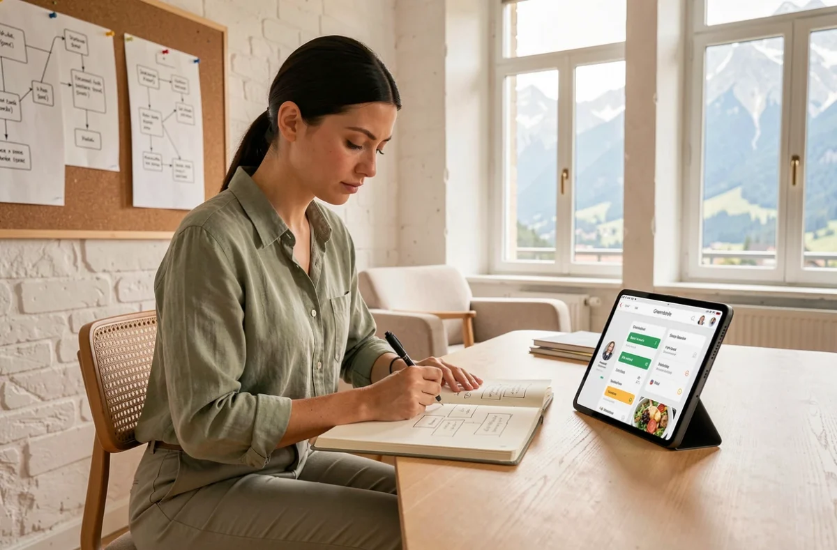 Designer UX dessinant des maquettes mobiles dans un studio à Grenoble avec vue sur les Alpes, représentant l'agence Youmeal spécialisée en développement mobile et UX